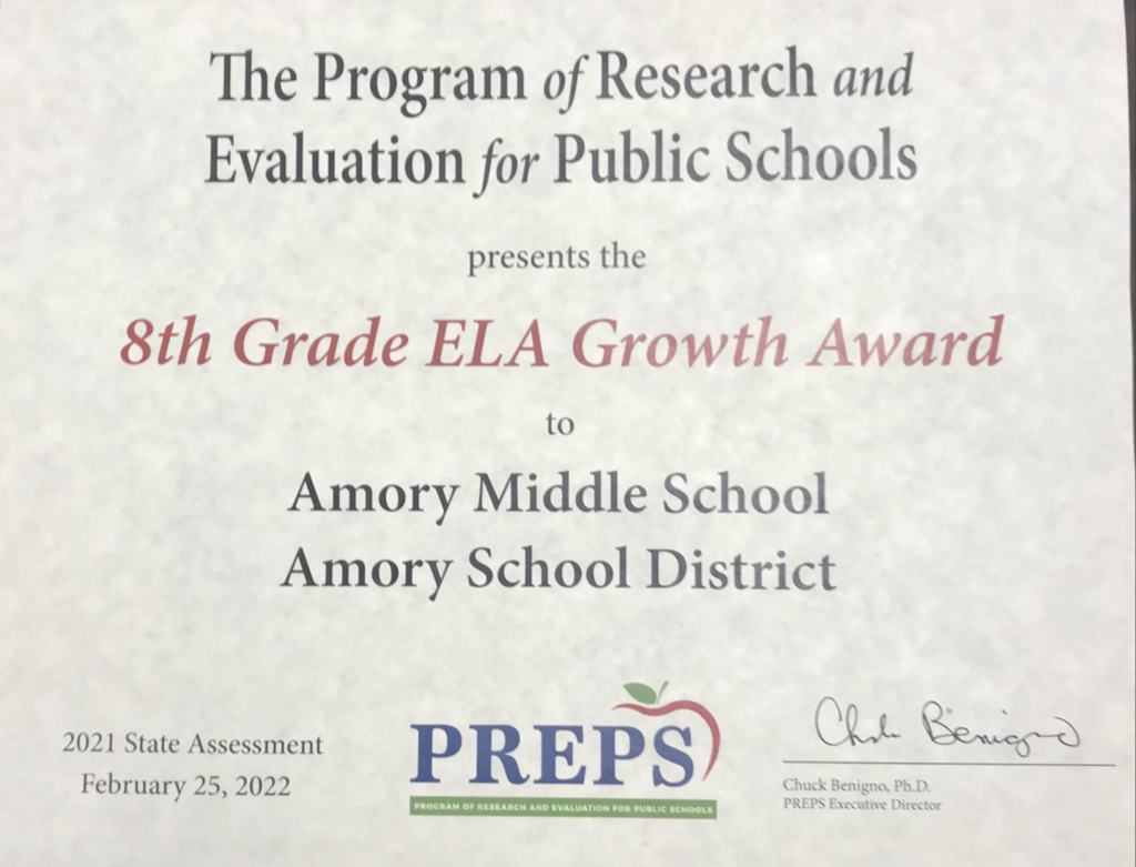 8th Grade ELA Growth Award to Amory Middle School